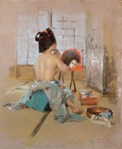 Geisha bij haar toilet