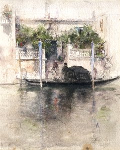 Dame die vanuit een palazzo in een gondel stapt door Robert Frederick Blum
