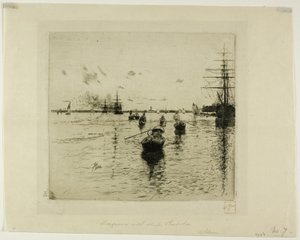 Lagune met Stoomschepen en Gondels, Venetië