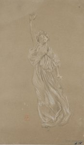 Studie van staande gedrapeerde vrouwelijke figuur voor Moods to Music muurschildering door Robert Frederick Blum