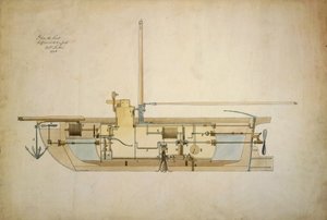 Originele tekening van de Nautilus, de eerste onderzeeboot, gepresenteerd door zijn uitvinder Robert Fulton (1765-1815) aan de Amerikaanse Senaat in 1806. door Robert Fulton