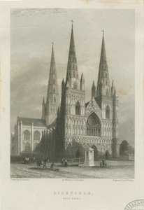 Lichfield Kathedraal - Westgevel (staalgravure, ca. 1835-1842) door Robert Garland