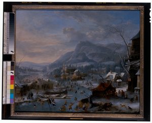 Winter: Een bevroren winterlandschap met boeren door Robert Griffier