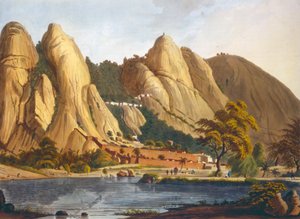Zuidelijk uitzicht op Sewandroog, illustratie uit Twelve Views of Mysore, het land van Tippoo Sultan, gegraveerd en ingekleurd door J.W. Edy, gepubliceerd 1804 door Robert H. Colebrooke
