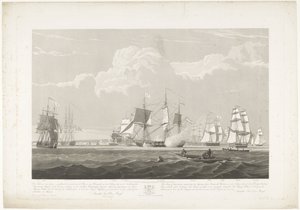 Vertrek van twaalf Nederlandse koopvaardijschepen uit de haven van Portsmouth, 1833 (plaat 3) door Robert Havell (II)