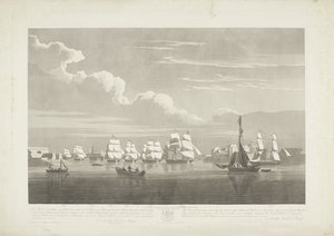 Vertrek van twaalf Nederlandse koopvaardijschepen uit de haven van Portsmouth, 1833 (plaat 1) door Robert Havell (II)