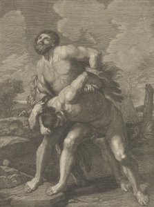 Hercules die een leeuwenhuid draagt en vecht met Achelous, een landschap op de achtergrond, ca. 1713-72 door Robert Hecquet