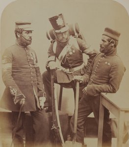 Kleur-sergeanten J. Stanton, Kester Knight en W. Bruce, Royal Sappers and Miners, 1856 door Robert Howlett