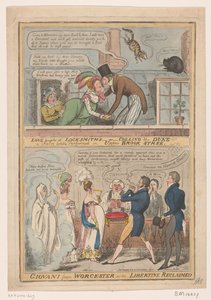 Spotprent over het huwelijk van de markies van Worcester en Anne Francis Culling Smith, 1822 door Robert Isaac Cruikshank