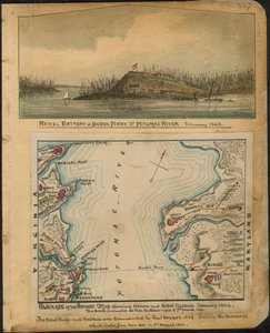 Blokkade van de Potomac. Kaart met de batterijen van de Unie en de rebellen in januari 1862. De rebellen ontruimden al hun batterijen in de nacht van 4 maart 1862. LOC gvhs01.vhs00066 door Robert Knox Sneden