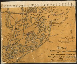 Kaart van Morris, Folly, Coles en James Island(s) etc., en Charleston Harbor S.C. met daarop (sic) forten en batterijen van de Unie en rebellen, 1864. LOC gvhs01.vhs00184 door Robert Knox Sneden