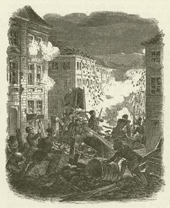 Vechtpartij bij een barricade buiten het Kolln Stadhuis in Berlijn in de nacht van 18-19 maart 1848 door Robert Kretschmer