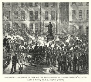 Fakkeloptocht in Cork bij de Inhuldiging van het Standbeeld van Vader Mathew (gravure)