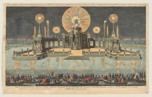 Een Uitzicht op het Grote Theater & Vuurwerk opgericht op het Water nabij het Hof in Den Haag op O..., 1794 door Robert Laurie