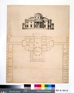 Monticello: 2e versie (plan en westelijke elevatie) door Robert Mills