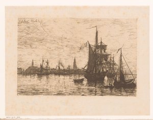 Gezicht op Antwerpen met schepen op de voorgrond