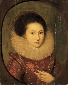Portret van een meisje, buste-lengte, in een scharlaken geborduurde jurk en kanten kraag door Robert Peake