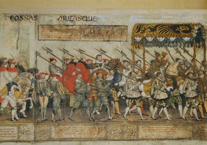 Cavalcade ter gelegenheid van de kroning van keizer Karel V in Bologna ... (ingekleurde houtsnede op perkament) door Robert Peril