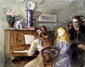 De kinderen van de kunstenaar rond de piano
