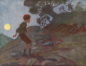 Een jongen bang in het donker (kleurenlitho)