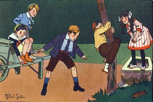 Een kat op een stok. Gravure in "Wat spelen we?" door E. Weber met aquareltekeningen van Robert Salles (1871-1929). Librairie Garnier Freres, Parijs