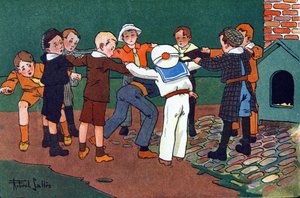 Kat en muis. Gravure in "Waar spelen we mee?" door E. Weber met aquareltekeningen van Robert Salles (1871-1929). Librairie Garnier Frères, Parijs