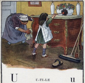 Kinderboek “Ik zal lezen - Methodisch en leuk alfabet door een vader” 1926. Illustratie door Robert Salles (1871-1929). Abecedarium: letter U als Nuttig. Een meisje helpt met schoonmaken en stof afnemen