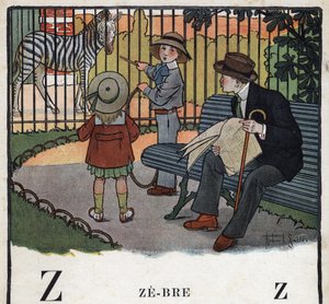 Kinderboek “Ik zal lezen - Methodisch en leuk alfabet door een vader” 1926. Illustratie door Robert Salles (1871-1929). Abecedarium: letter Z als Zebra. Kinderen, met een hoepel, kijken naar een zebra in een dierentuin door Robert Salles