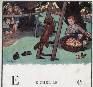 Kinderboek “Ik zal lezen - Methodisch en leuk alfabet door een vader” 1926. Illustratie door Robert Salles (1871-1929). Abecedarium: letter E als Ladder. Een hond klimt op de ladder tegen een appelboom door Robert Salles