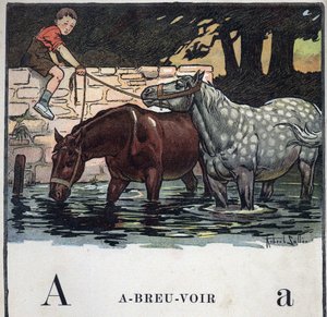 Kinderboek “Ik zal lezen - Methodisch en leuk alfabet door een vader” 1926. Illustratie door Robert Salles (1871-1929). Abecedarium: letter A als Drinkwater. Twee paarden drinken water