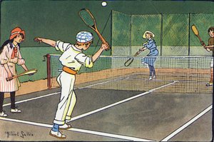 Lawn tennis. Gravure in "Waar spelen we mee?" door E. Weber met aquareltekeningen van Robert Salles (1871-1929). Librairie Garnier Freres, Parijs