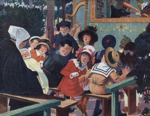 Poppenshow: kinderen in het guignoltheater worden gestoord door een huilende baby. Illustratie door Robert Salles (1871-1929) in “Ik kan lezen”