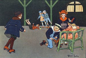 Rolschaatsen. Gravure in "Wat spelen we?" door E. Weber met aquareltekeningen van Robert Salles (1871-1929). Librairie Garnier Freres, Parijs