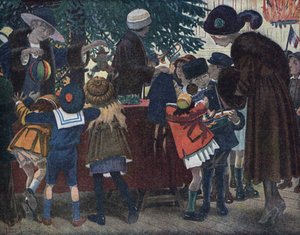 De kerstboom van de Lotharingse Elzassers: kinderen uit de Elzas en Lotharingen (Elzas-Lotharingen) komen hun cadeaus ophalen rond de kerstboom die aan de stad is aangeboden. Illustratie door Robert Salles (1871-1929) in “Ik kan lezen”
