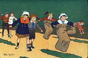 De zakkenrace. Gravure in "Waar spelen we mee?" door E. Weber met aquareltekeningen van Robert Salles (1871-1929). Librairie Garnier Freres, Parijs