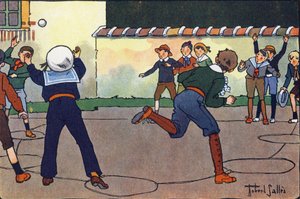 De bal in het kamp (of gevangenenbal of jagersbal). Gravure in "Waar spelen we mee?" door E. Weber met aquareltekeningen van Robert Salles (1871-1929). Librairie Garnier Frères, Parijs