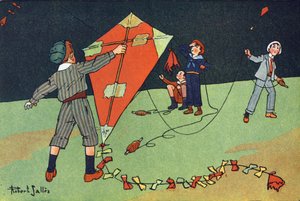 De vlieger. Gravure in "Wat spelen we?" door E. Weber met aquareltekeningen van Robert Salles (1871-1929). Librairie Garnier Freres, Parijs door Robert Salles