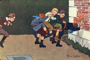 Het gesmolten paard (bij het springen moet je een califurchon op de rug van een ander kind springen zonder de anderen omver te stoten). Gravure in "Waar spelen we mee?" door E. Weber met aquareltekeningen van Robert Salles (1871-1929). Librairie Garnier Fr