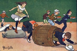 De hindernisrace. Gravure in "Waar spelen we mee?" door E. Weber met aquareltekeningen van Robert Salles (1871-1929). Librairie Garnier Frères, Parijs
