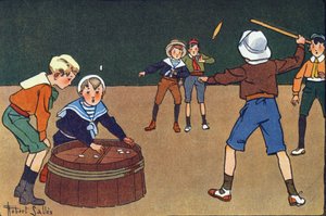 De osselets en de quinet. Gravure in "Wat spelen we?" door E. Weber met aquareltekeningen van Robert Salles (1871-1929). Librairie Garnier Freres, Parijs