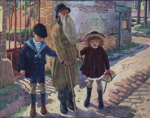De stok van de blinde: twee kinderen helpen een blinde oude man lopen. Illustratie door Robert Salles (1871-1929) in 