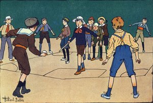 Theque (teamspel met bal en stok). Gravure in "Wat spelen we?" door E. Weber met aquareltekeningen van Robert Salles (1871-1929). Librairie Garnier Freres, Parijs