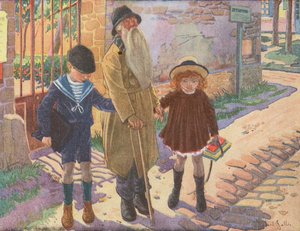 Twee kinderen helpen een oude blinde man nadat hij zijn stok is kwijtgeraakt (kleurenlitho)