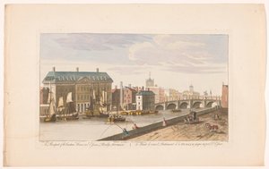 Gezicht op het Custom House en de Essex Bridge over de rivier de Liffey te Dublin door Robert Sayer (possibly)