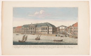 Gezicht op het Winterpaleis en het kanaal tussen de rivieren de Mojka en de Neva te Sint-Petersburg door Robert Sayer (possibly)