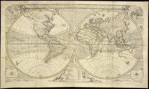 Een nieuwe wereldkaart in twee hemisferen met de nieuwe ontdekkingen en trajecten van de twee omzeilers, namelijk Dampier en Anson door Robert Sayer
