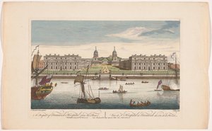 Gezicht op Greenwich Hospital aan de rivier de Theems te Greenwich door Robert Sayer