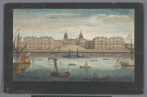 Gezicht op Greenwich Hospital aan de rivier de Theems te Greenwich