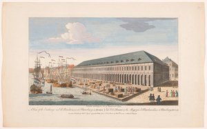 Gezicht op de Beurs en de goederenopslag te Sint-Petersburg door Robert Sayer