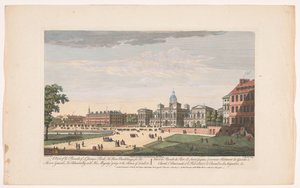 Gezicht op de Horse Guards Parade te Londen met het vertrek van George II Augustus, koning van Groot-Brittannië, naar de House of Lords door Robert Sayer